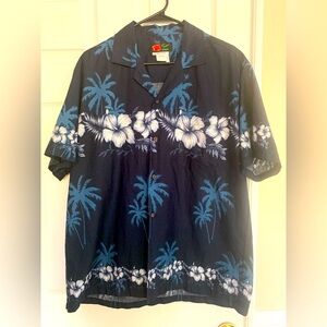 Ali’s Fashions Hawaiian 🌺 Shirt: Navy w/Blue/White Floral Print, Button-Down M